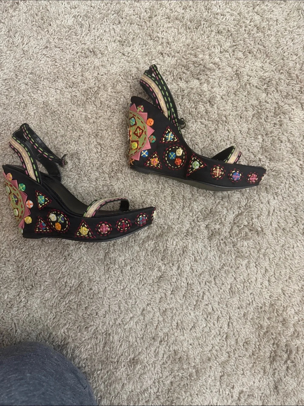 Sam Edelman Black Wedge Sandals with Multicolor Gem Accents